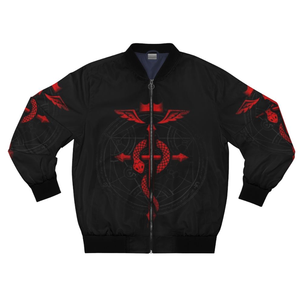 Fullmetal Alchemist inspired bomber jacket with Flamel symbol and alchemical design elements