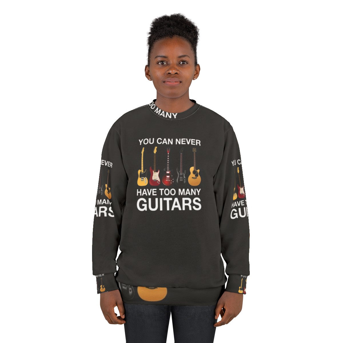 Unisex gray sweatshirt with "You Can Never Have Too Many Guitars" text - women