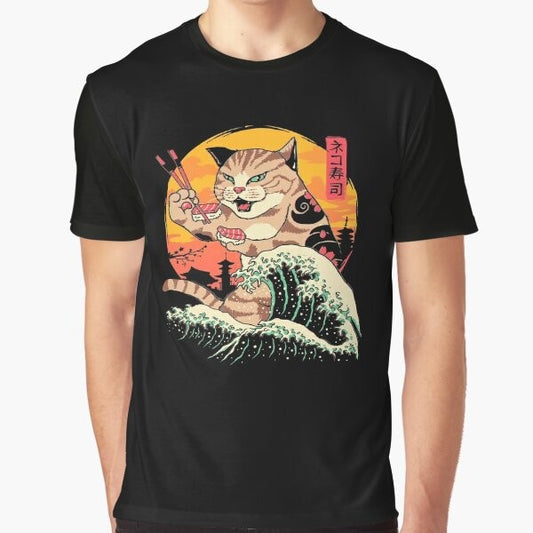 Neko Sushi Wave Graphic T-Shirt with Retro Japanese Cat and Sushi Design