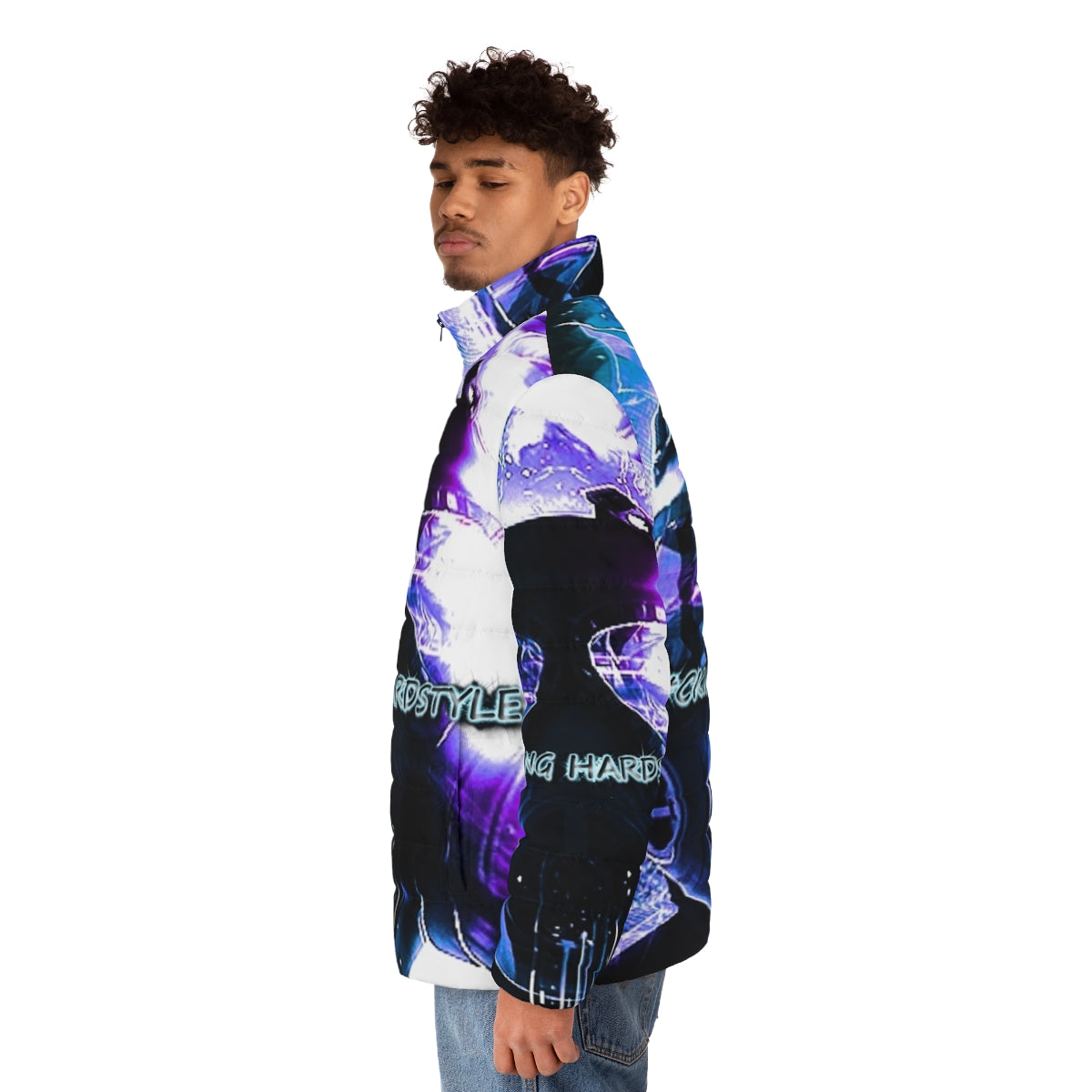 Hardstyle puffer jacket with electronic music and festival inspired design - men side left