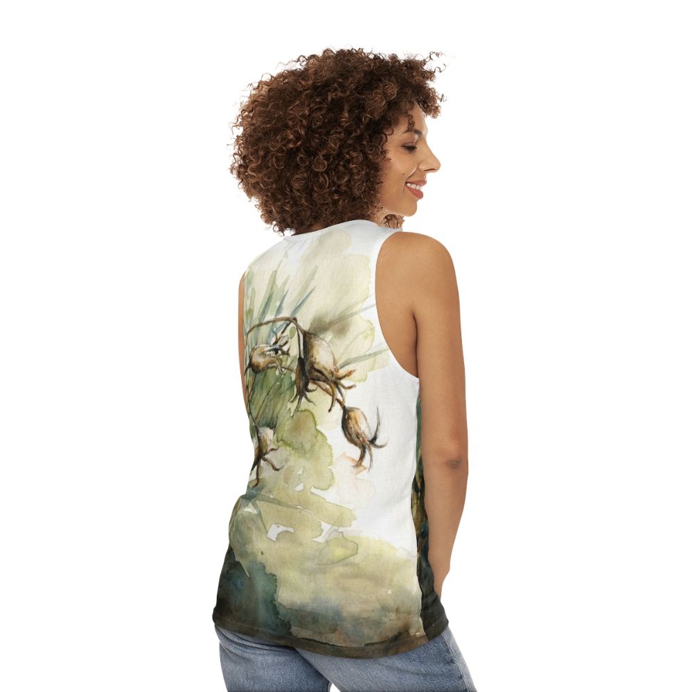 Unisex tank top with botanical seed pod design - women back