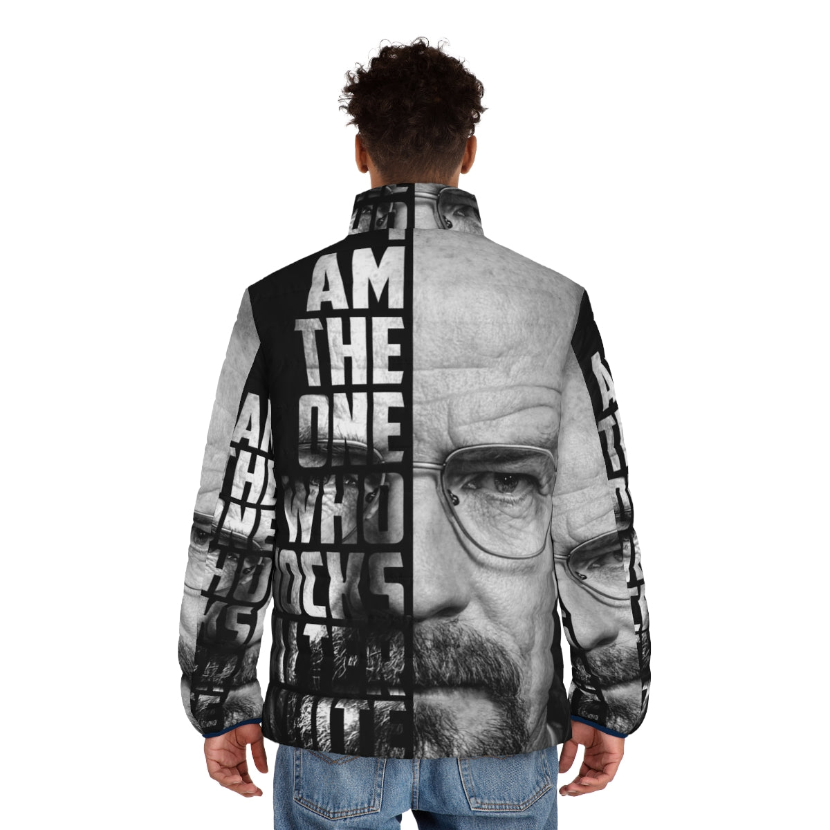 "Breaking Bad 'I Am The One Who Knocks' Puffer Jacket featuring Walter White in a chemistry-themed design" - men back