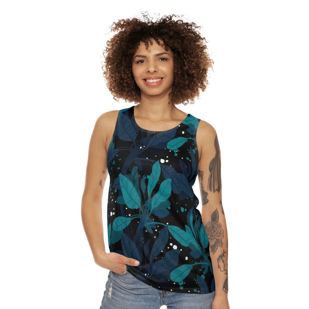 Dark green unisex tank top with tropical design - women