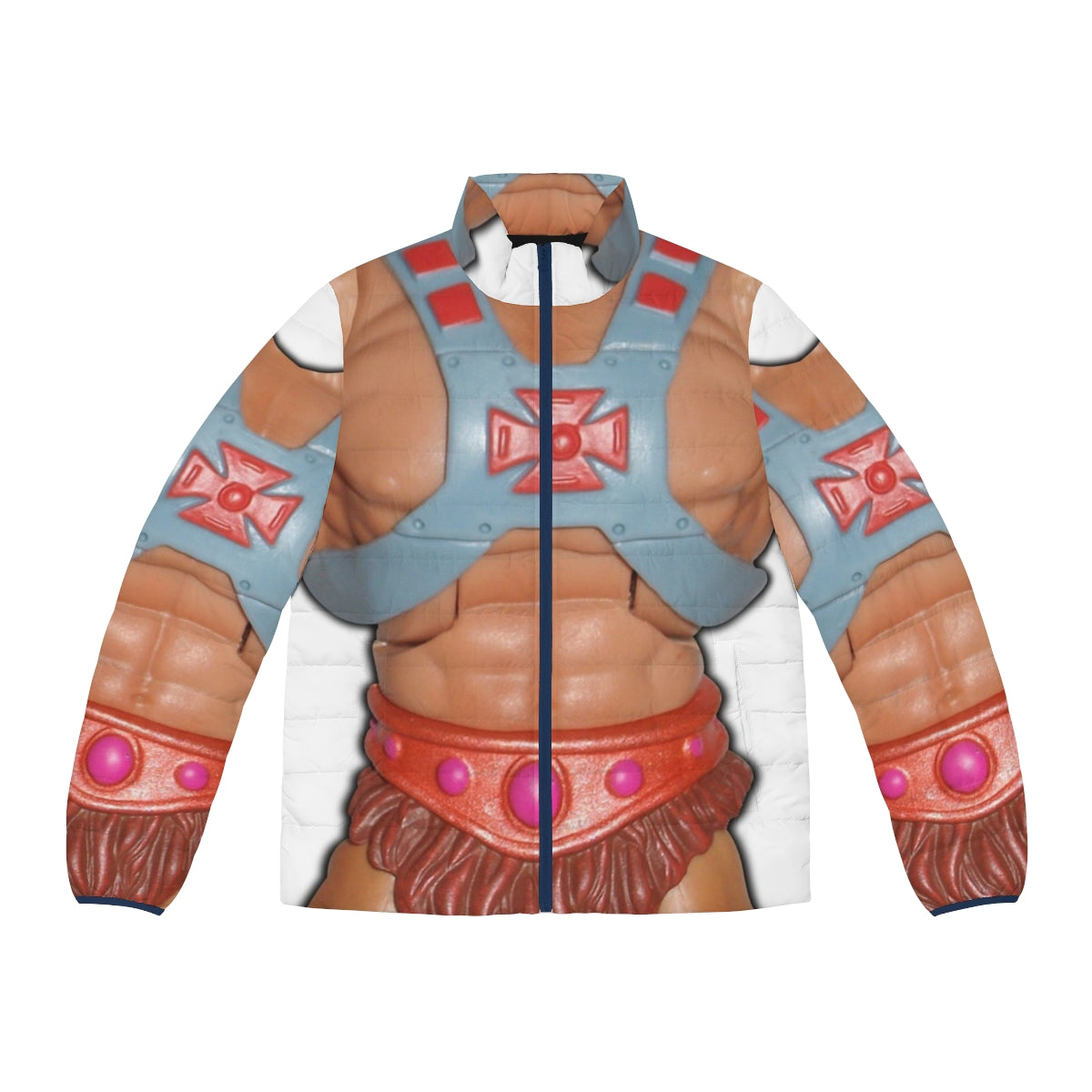 Puffer jacket featuring a He-Man action figure graphic design