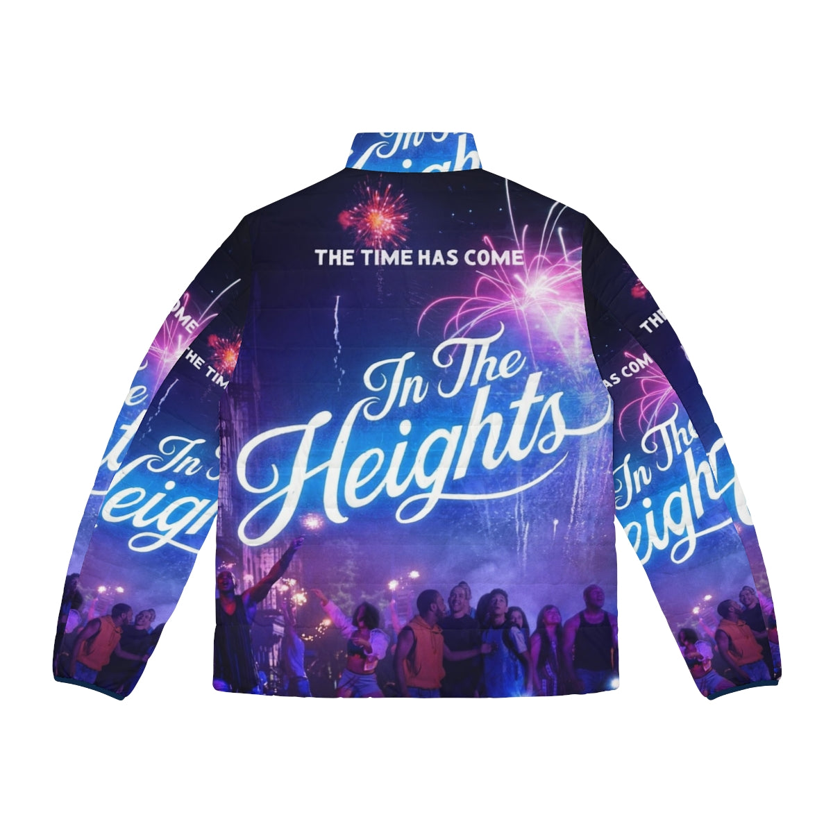 Model wearing the "In The Heights" themed puffer jacket - Back