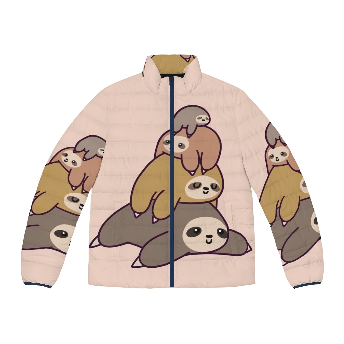 Sloth Stack Puffer Jacket featuring a cute, kawaii design of a pile of cartoon sloths