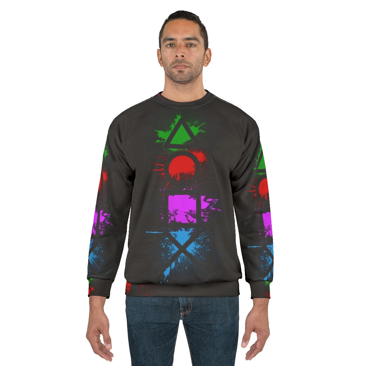 Playstation controller buttons splatter design on a cozy sweatshirt - men