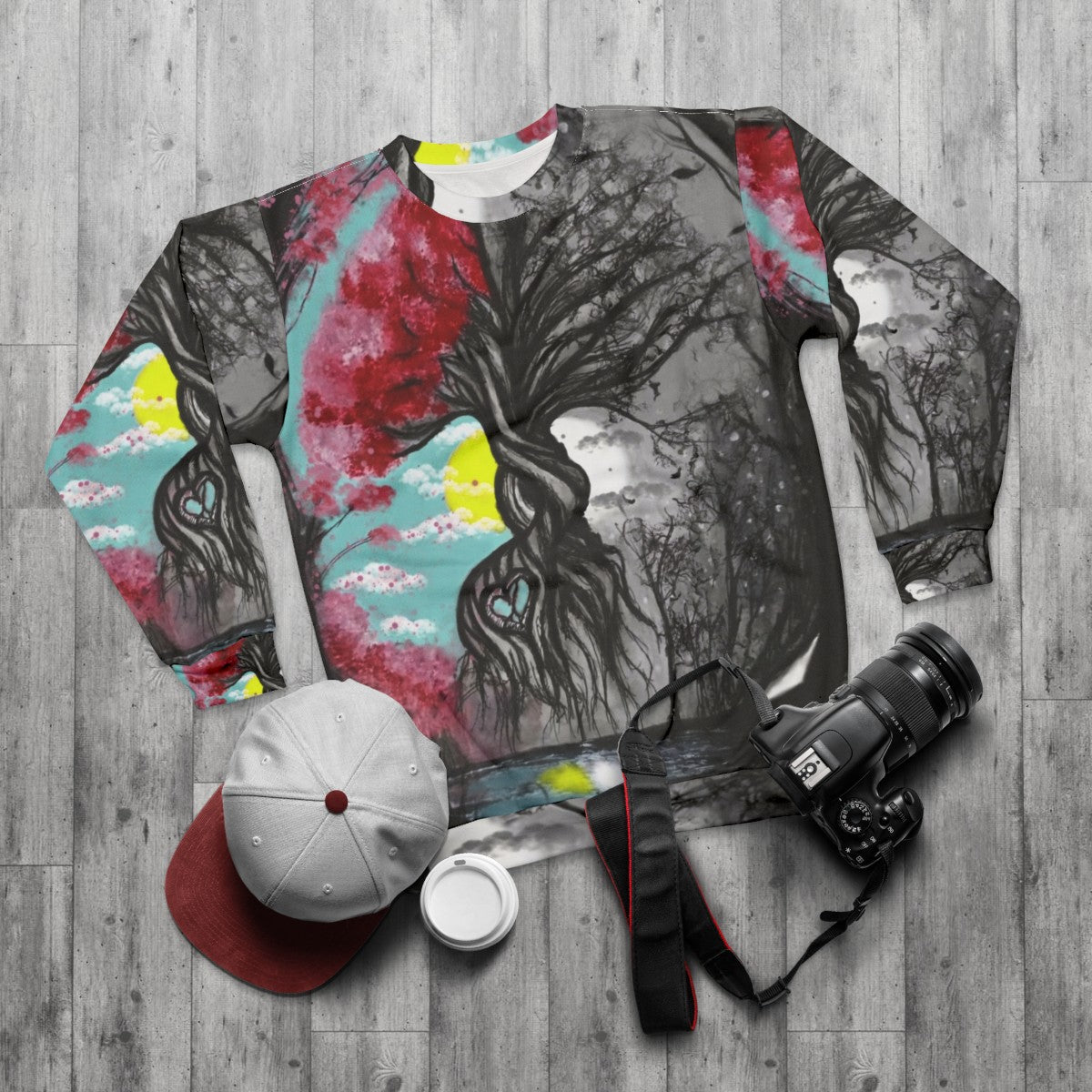 Tree of Life and Death Sweatshirt with Poetic Reflection - flat lay