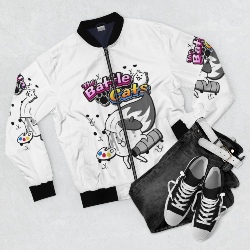 Battle Cats Painter Cat Bomber Jacket - Flat lay