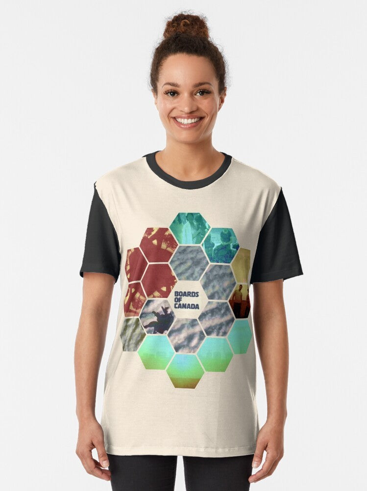 Boards of Canada Hexagon Sun Graphic T-Shirt with turquoise and green design - Women