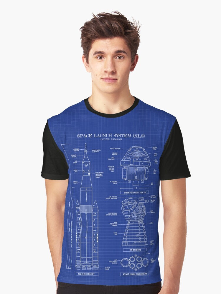 NASA Artemis SLS Rocket Graphic T-Shirt featuring a blueprint-style vertical design of the Space Launch System rocket. - Men