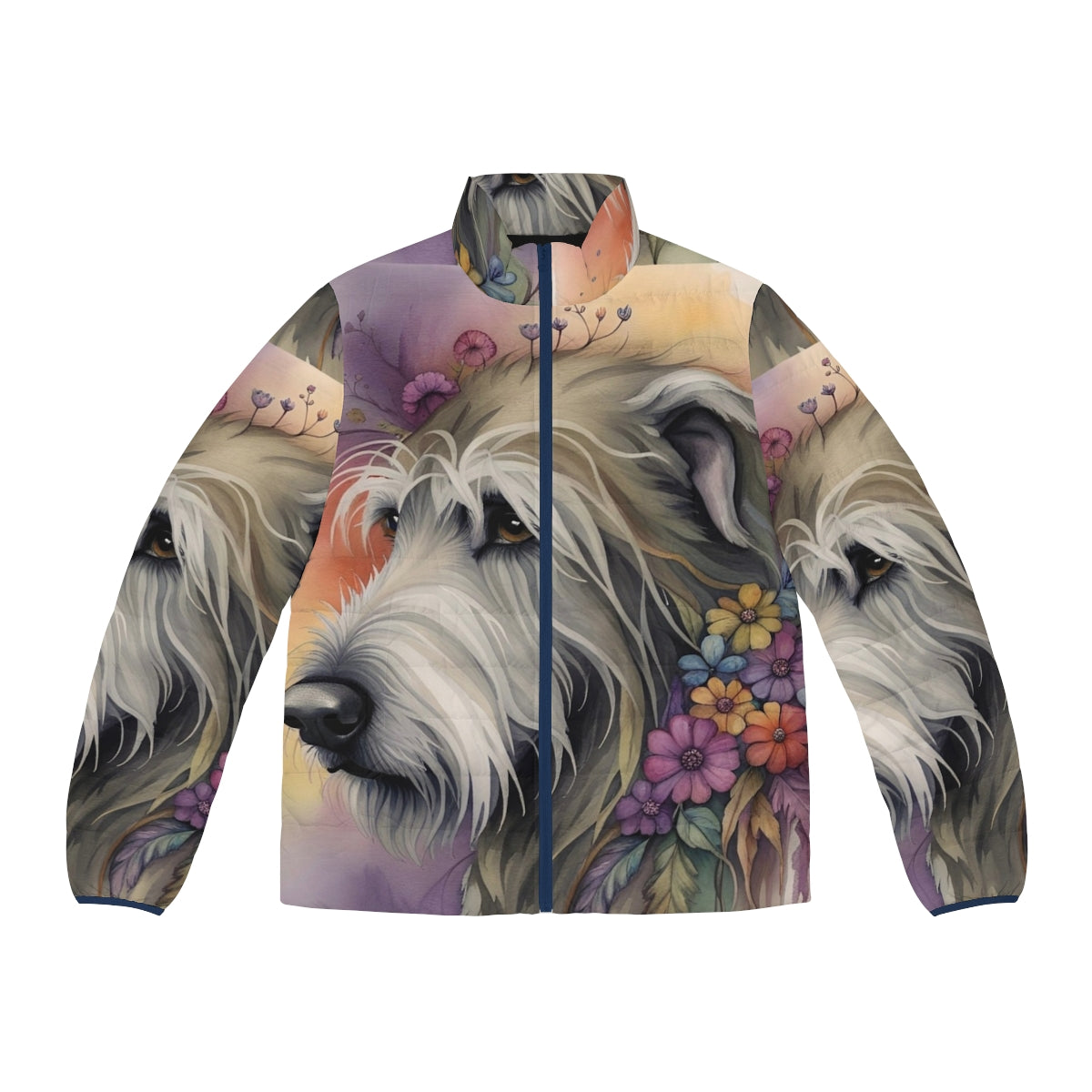 Watercolor-inspired puffer jacket featuring a cute Irish Wolfhound design