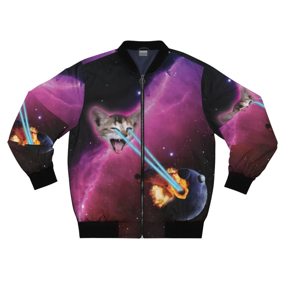 Laser Cat Bomber Jacket with Cosmic Explosions and Planets