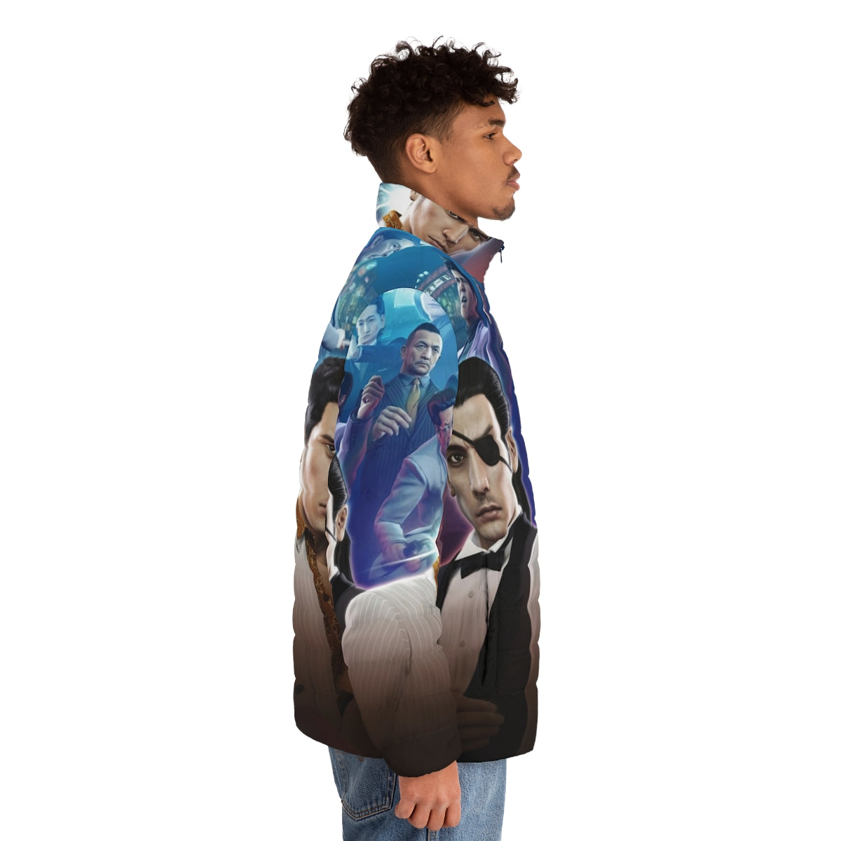 Yakuza 0 Puffer Jacket featuring game characters and imagery - men side right