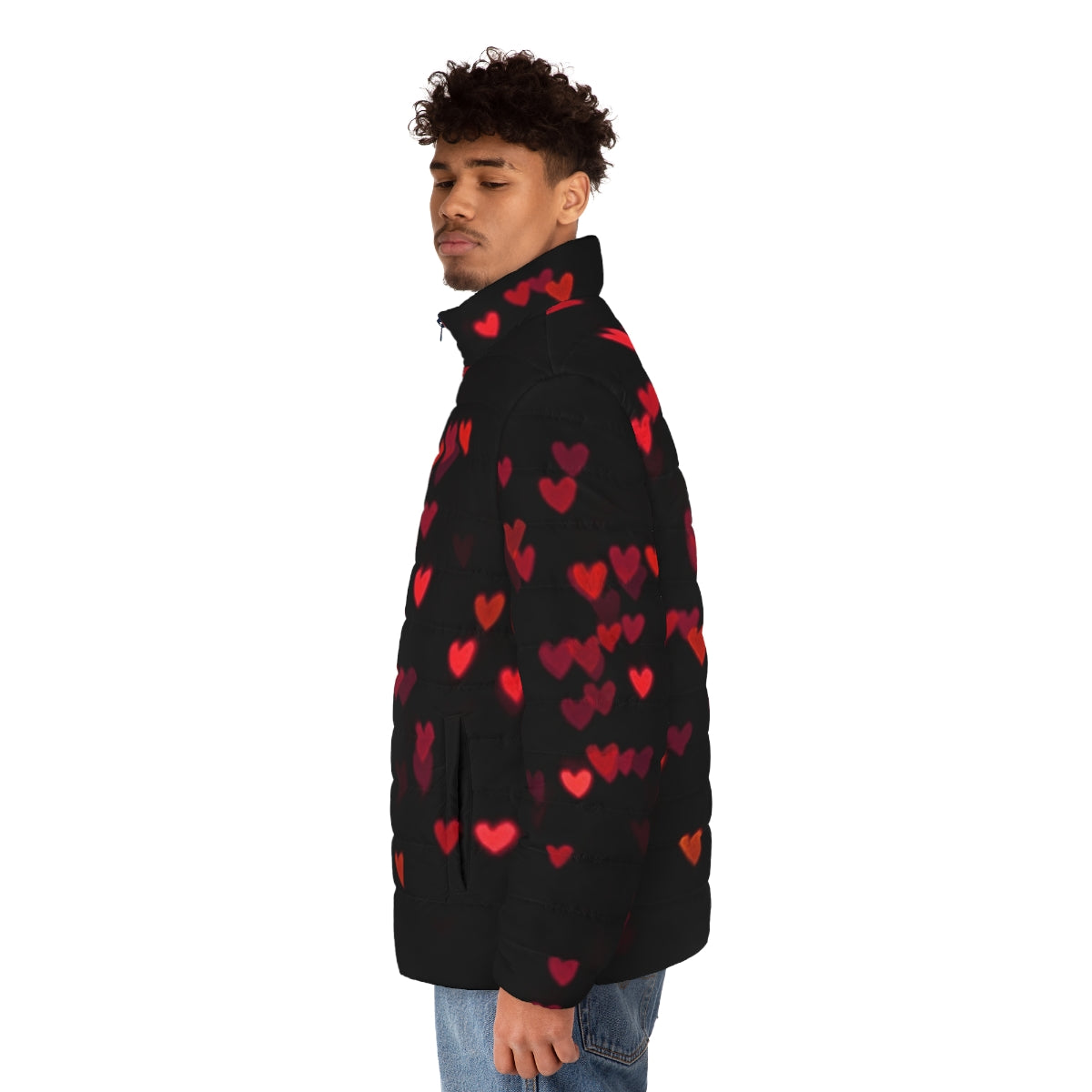 Model wearing a coeur rouge puffer jacket, a stylish and warm winter fashion piece - men side left