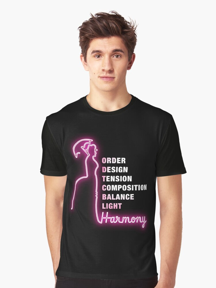 Graphic t-shirt featuring the elements of graphic design: order, design, tension, composition, balance, light, and harmony, inspired by the musical "Sunday in the Park with George" by Stephen Sondheim. - Men