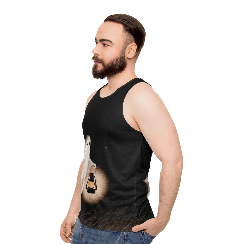 Unisex Twilight Walk Tank Top with ghostly figures and starry sky - men side