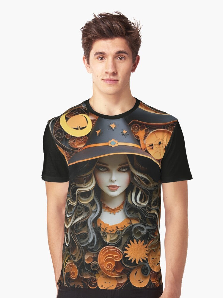 Colorful paper quilling Halloween witch art graphic t-shirt design - Men