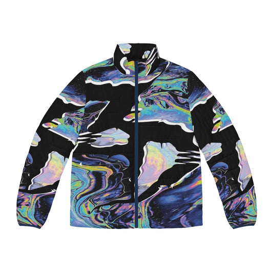 Model wearing Zeds Dead Puffer Jacket 2, a stylish and vibrant piece of EDM merchandise