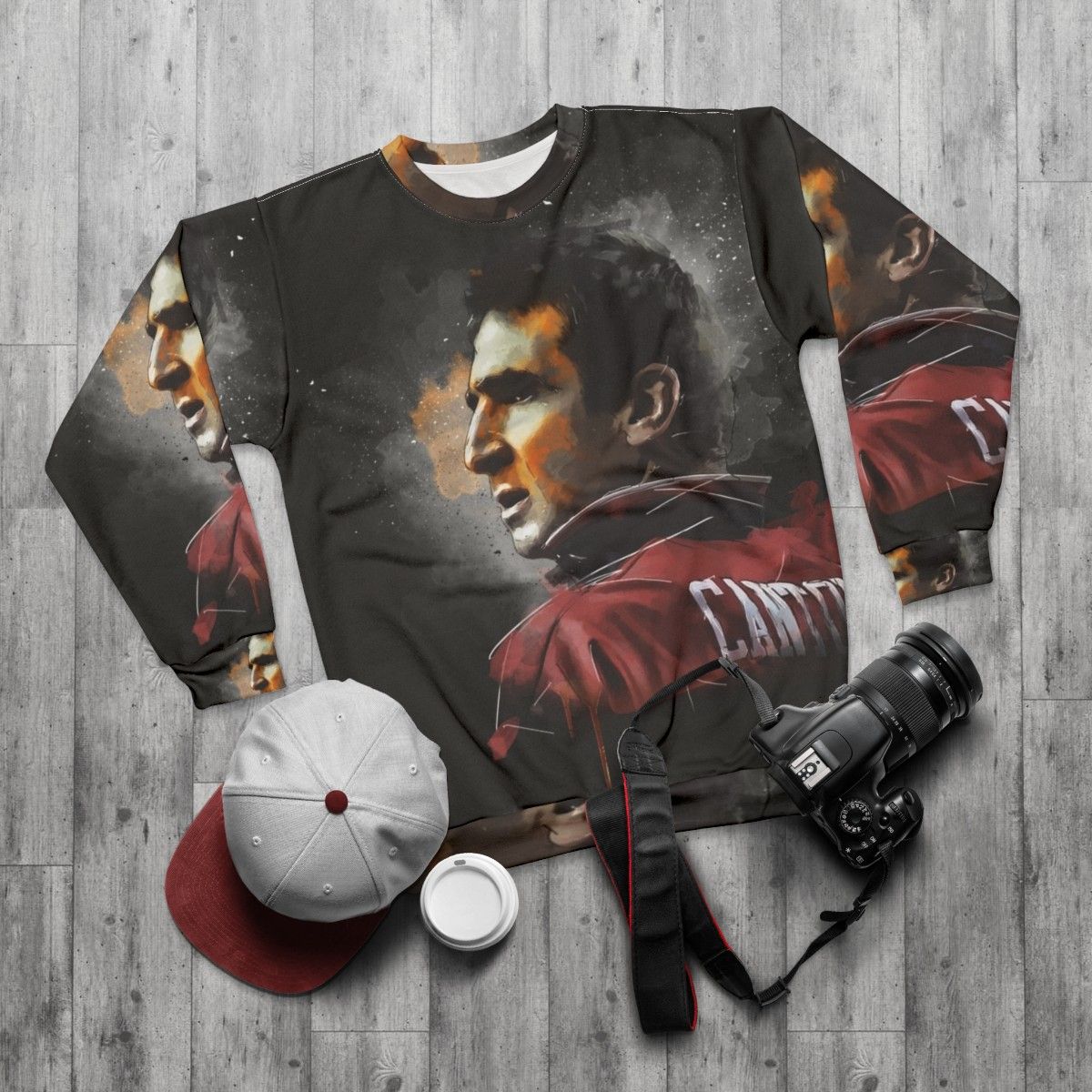 Eric Cantona Painting Sweatshirt for Manchester United Fans - flat lay