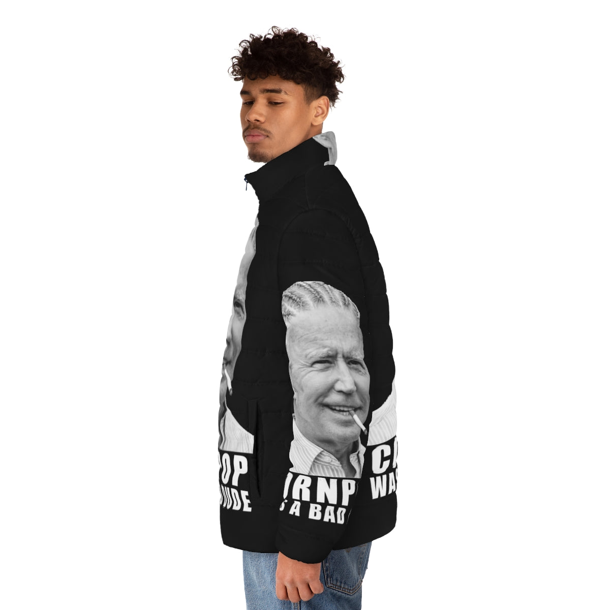 Joe Biden Corn Pop Puffer Jacket featuring hilarious political satire design - men side left