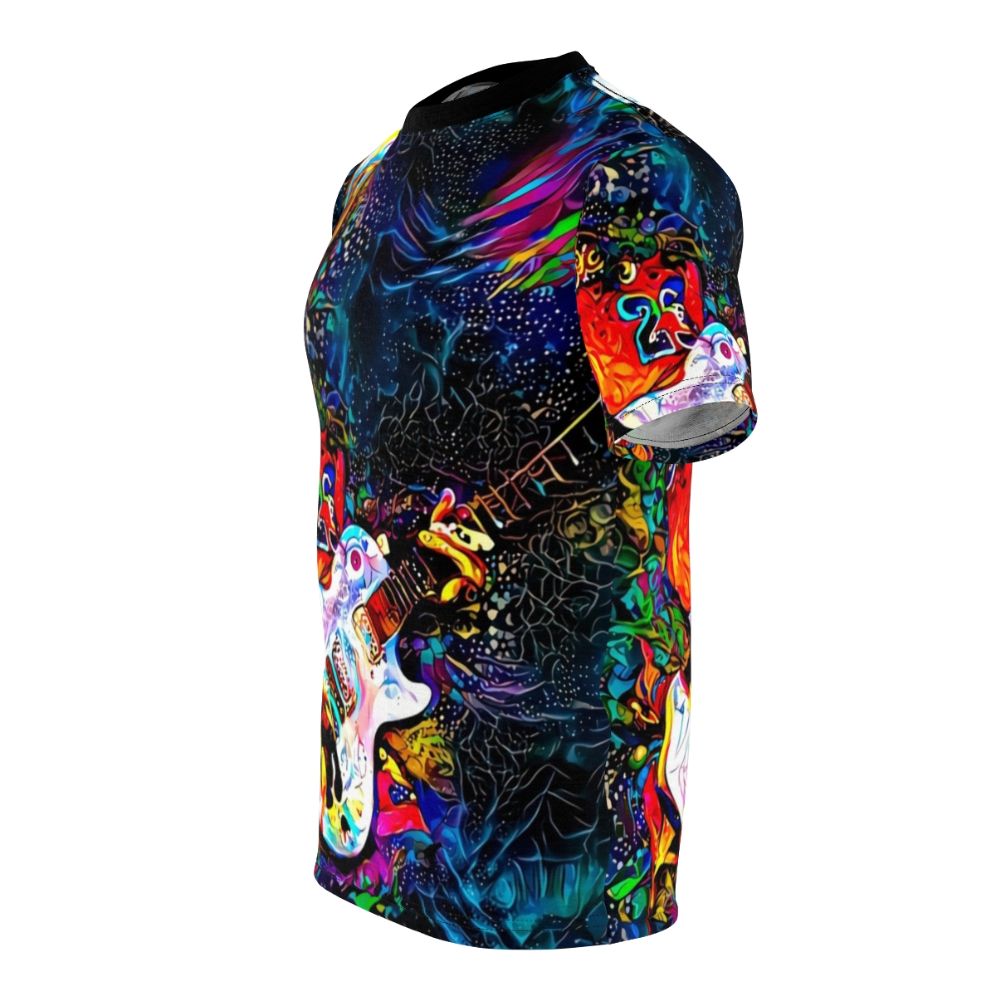 Colorful graphic t-shirt featuring abstract fan art design of musician Buckethead - men left