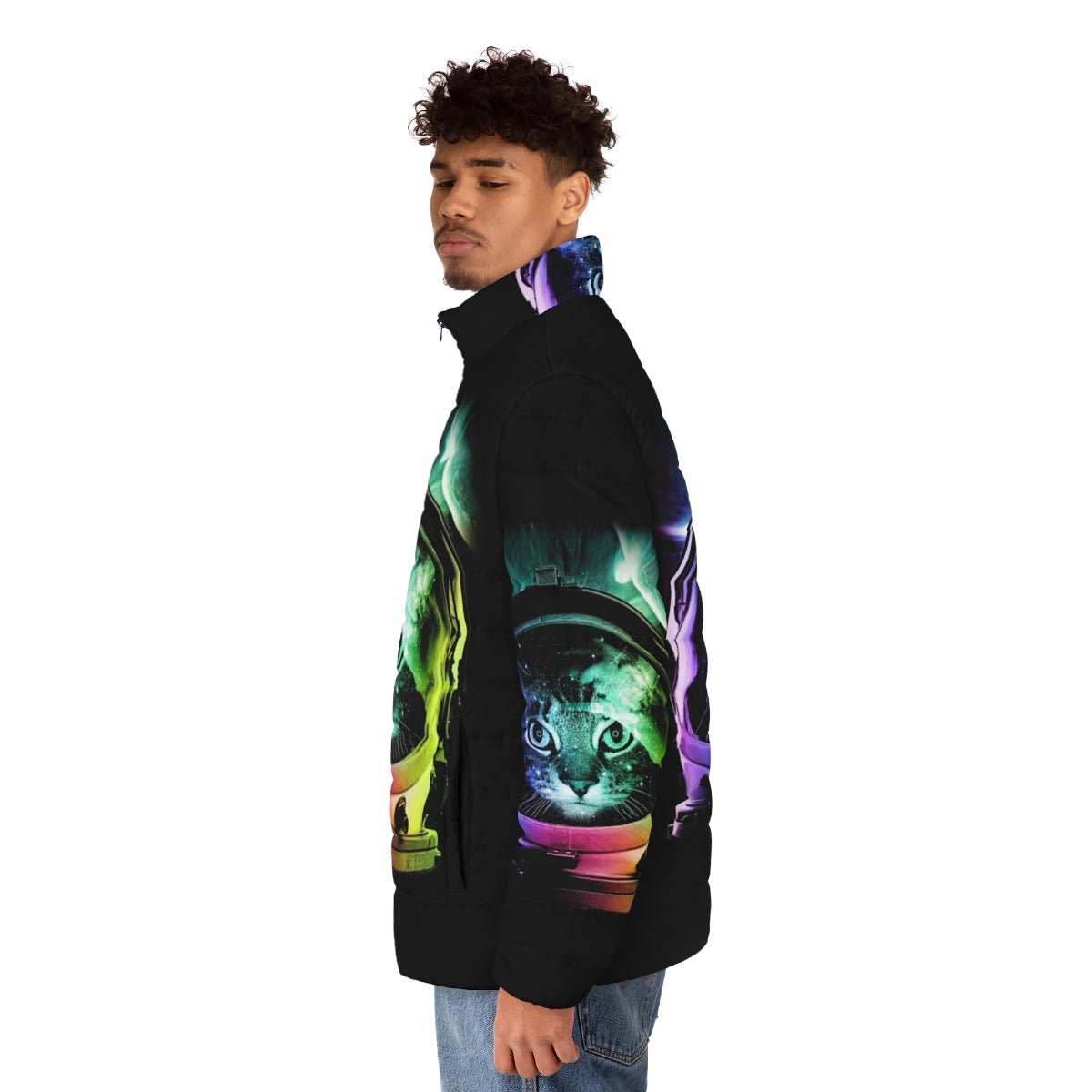 Astronaut cat in a vibrant puffer jacket, floating in the galaxy - men side left