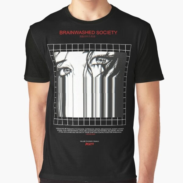 Brainwashed Society graphic t-shirt with glitch, anime, and vaporwave inspired design