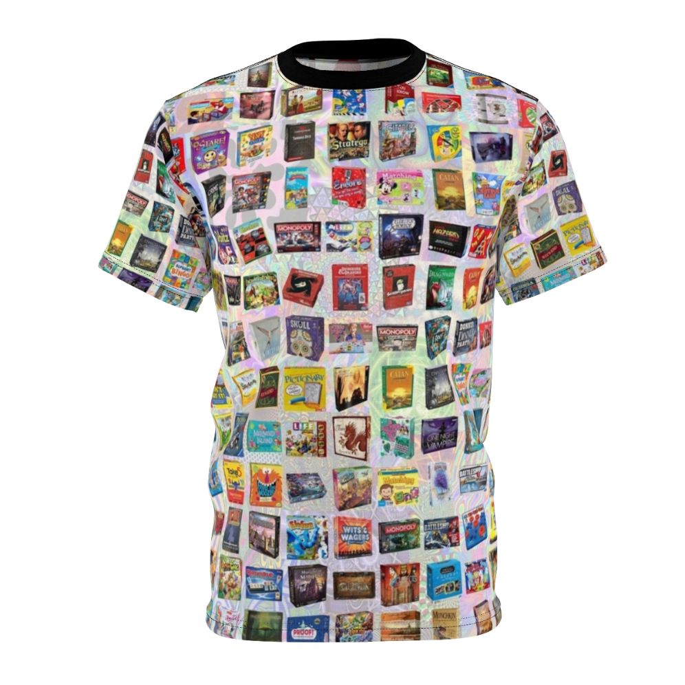 Model wearing a t-shirt featuring an all-over print design with various board game pieces and elements.