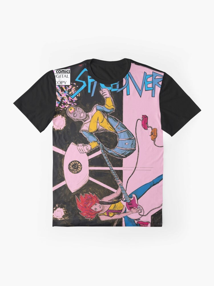 A punk-inspired graphic t-shirt featuring a space alien girl with red hair on a sci-fi cover design. - Flat lay