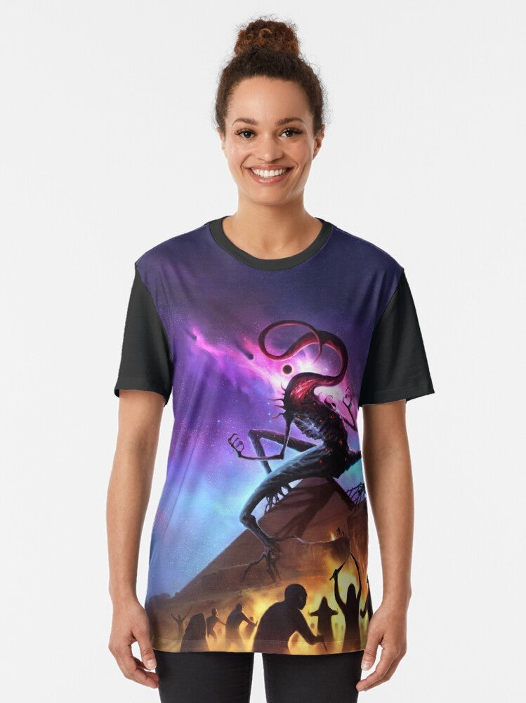 Cthulhu horror-themed graphic t-shirt featuring the Masks of Nyarlathotep book cover art - Women