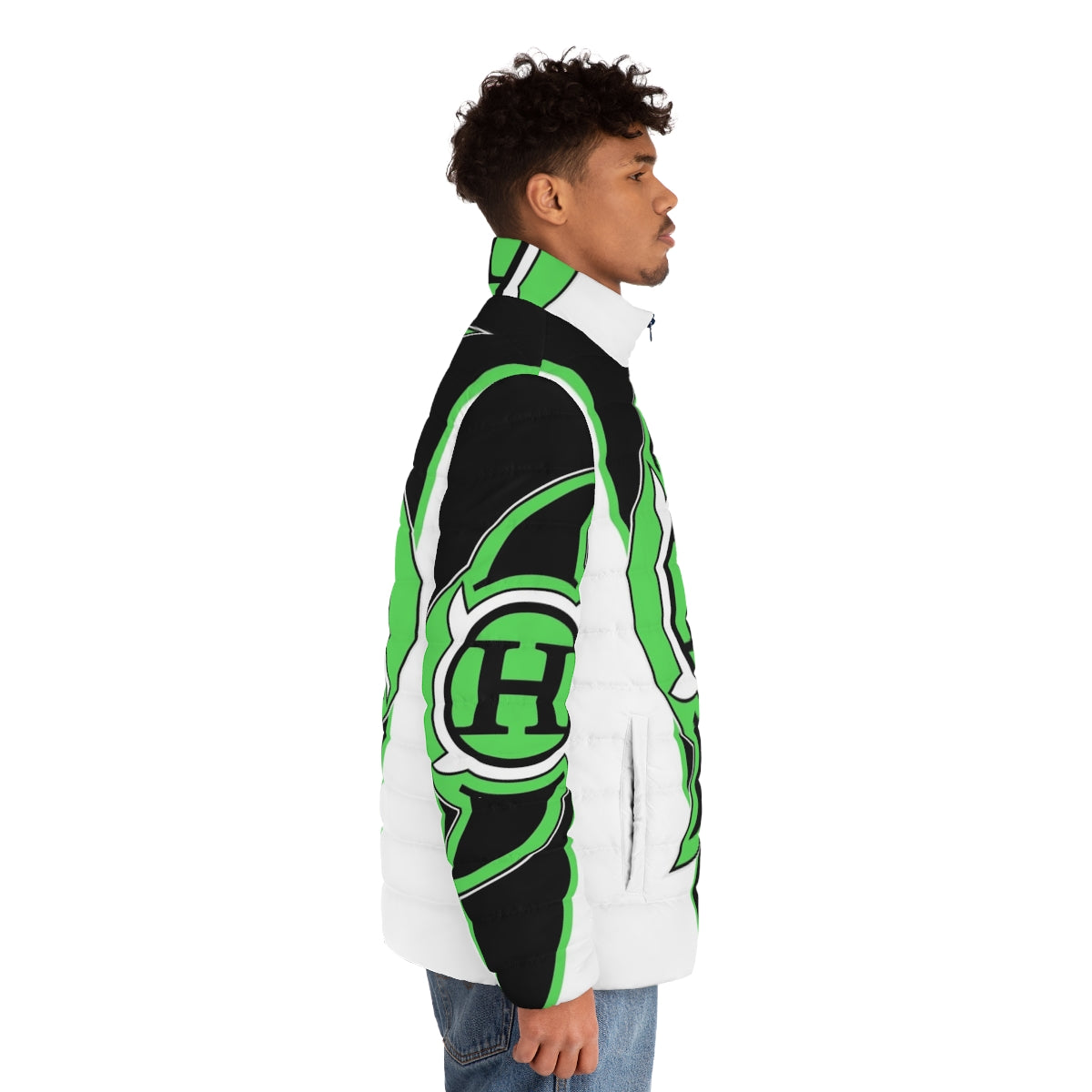 Blue Hurricane Puffer Jacket with Wrestler and Wrestling Inspired Graphic - men side right