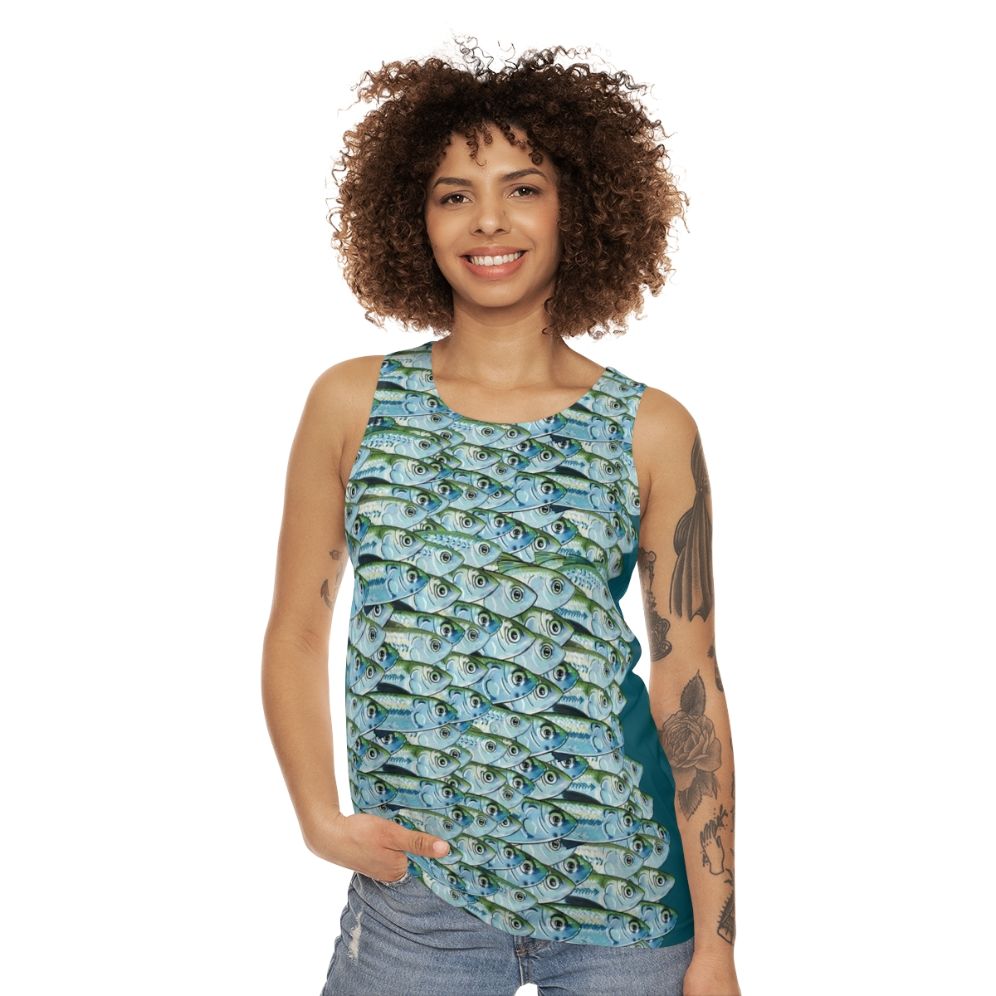 Unisex tank top featuring bait fish and green backs design - women