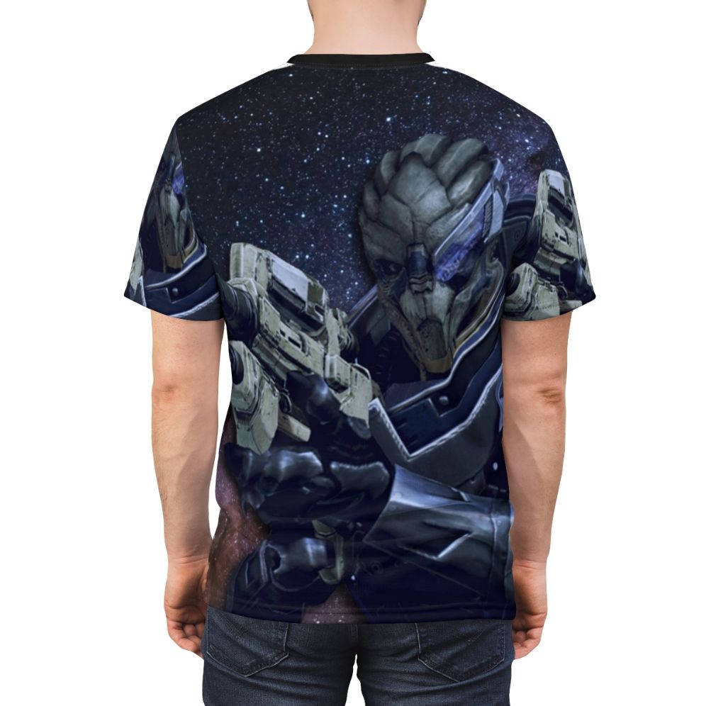 Garrus Vakarian, a popular alien character from the Mass Effect video game series, featured on a high-quality t-shirt design. - men back