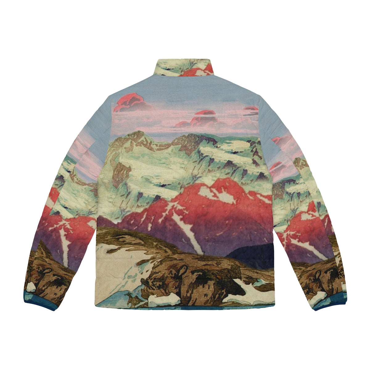 Keiisino Japanese Landscape Puffer Jacket featuring a winter nature scene with mountains, snow, and sunset colors - Back