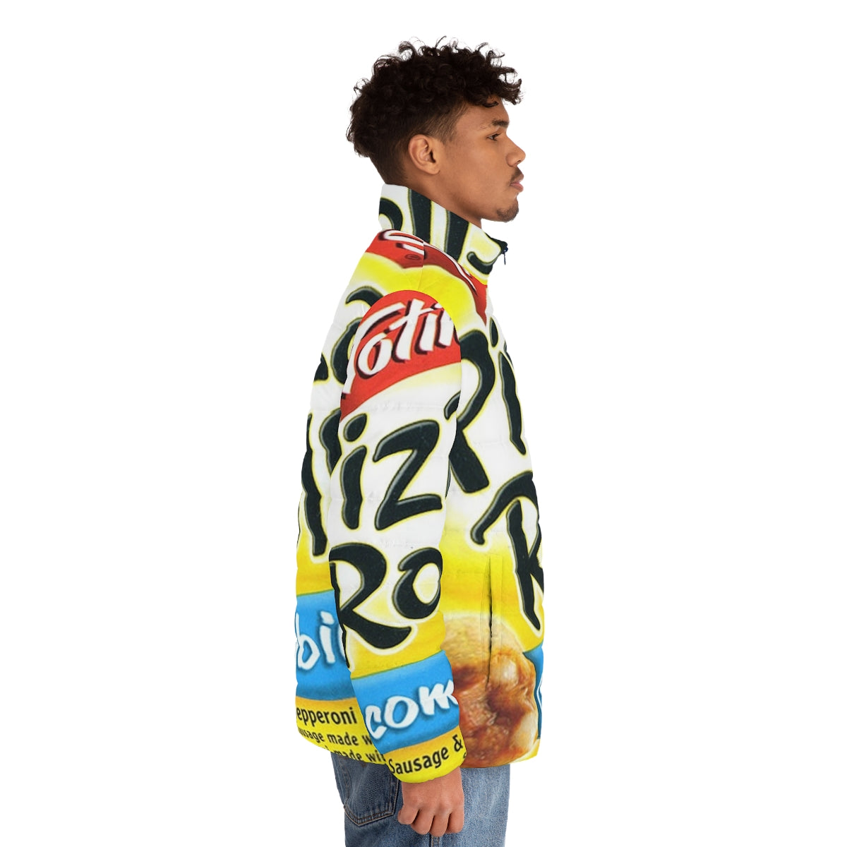 Fashionable pizza rolls themed puffer jacket for stylish teenagers - men side right