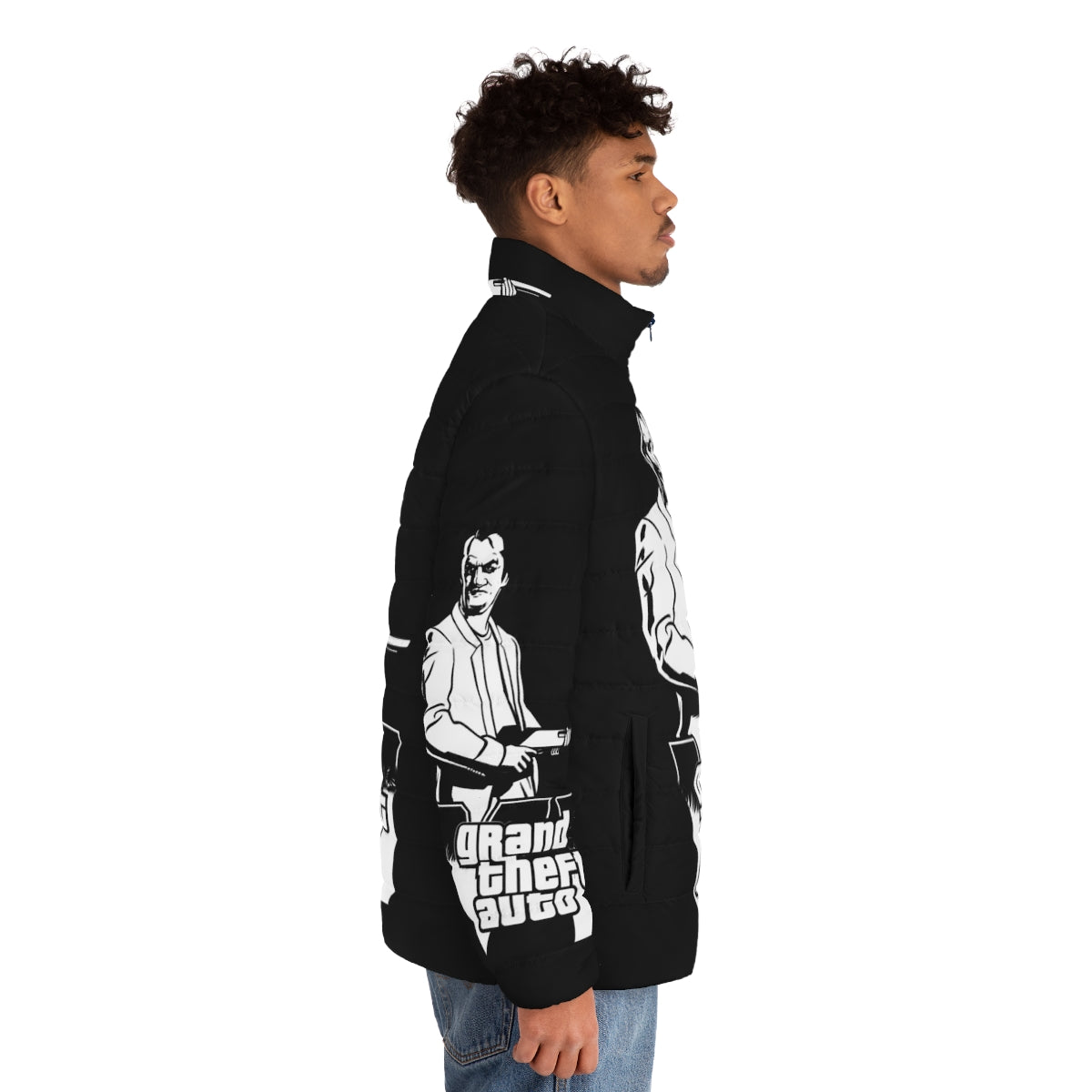 Grand Theft Auto themed puffer jacket with gaming inspired design - men side right