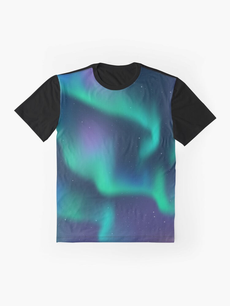 A t-shirt design featuring the mesmerizing aurora borealis, the natural phenomenon of the northern lights. - Flat lay