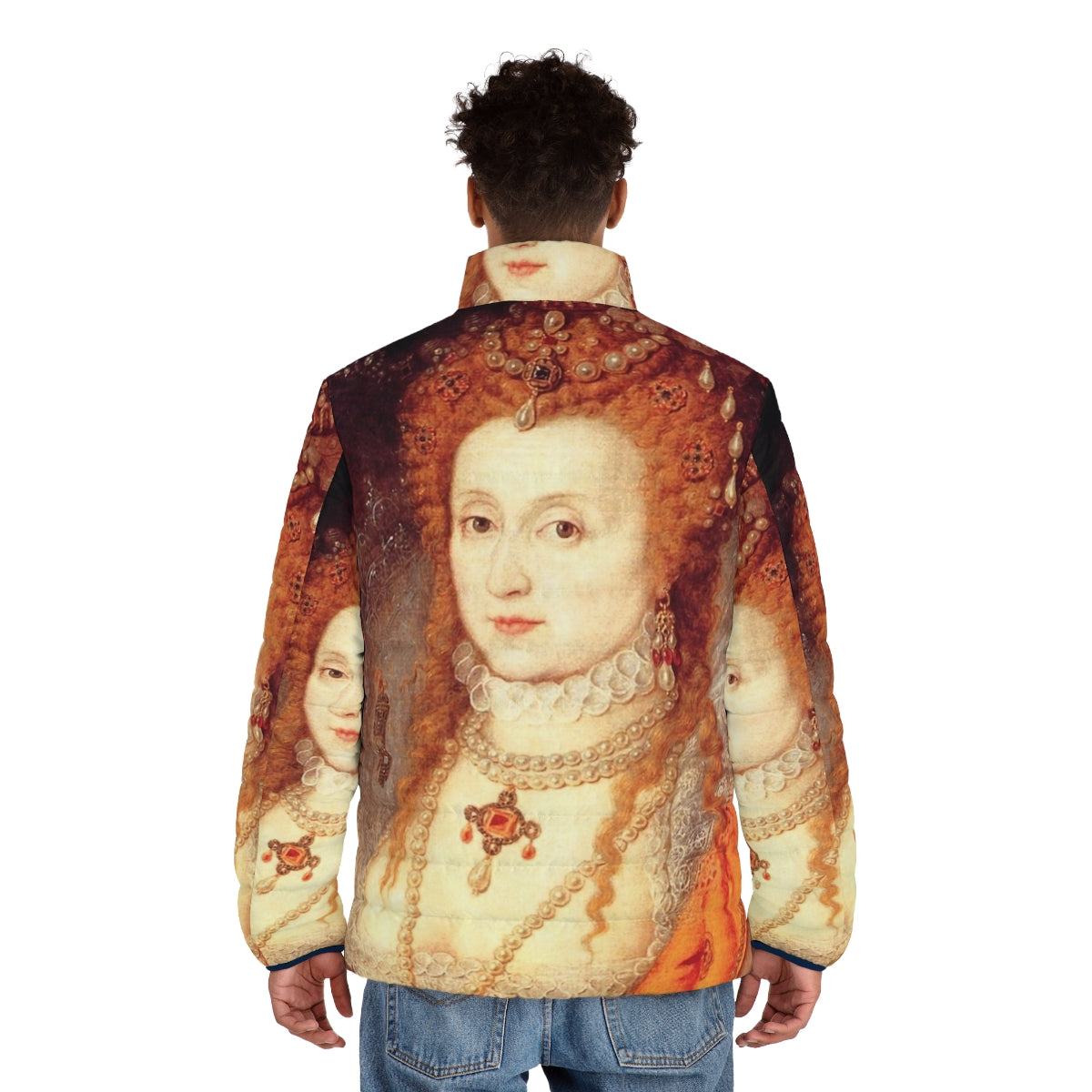 Elizabeth I portrait puffer jacket featuring a vibrant historical design - men back