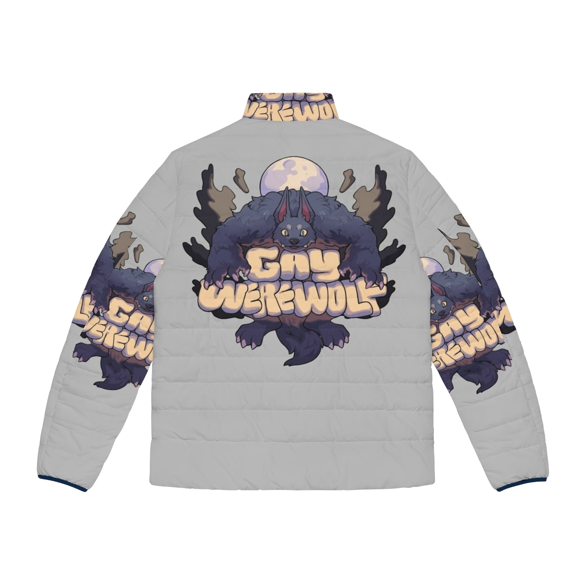 A vibrant puffer jacket featuring a gay werewolf design, perfect for outdoor enthusiasts. - Back