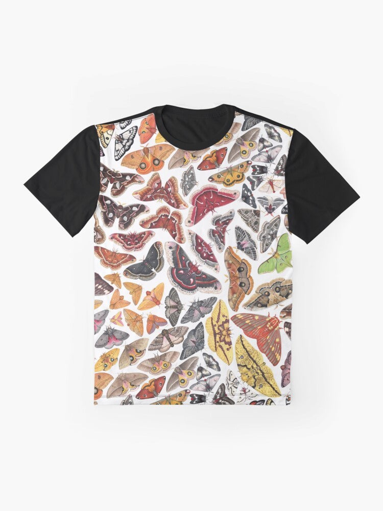 Graphic t-shirt featuring a pattern of saturniid moths, common insects found in North America - Flat lay