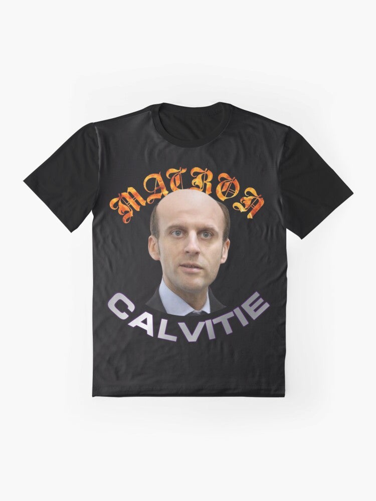 Macron Baldness Graphic T-Shirt featuring a humorous design - Flat lay