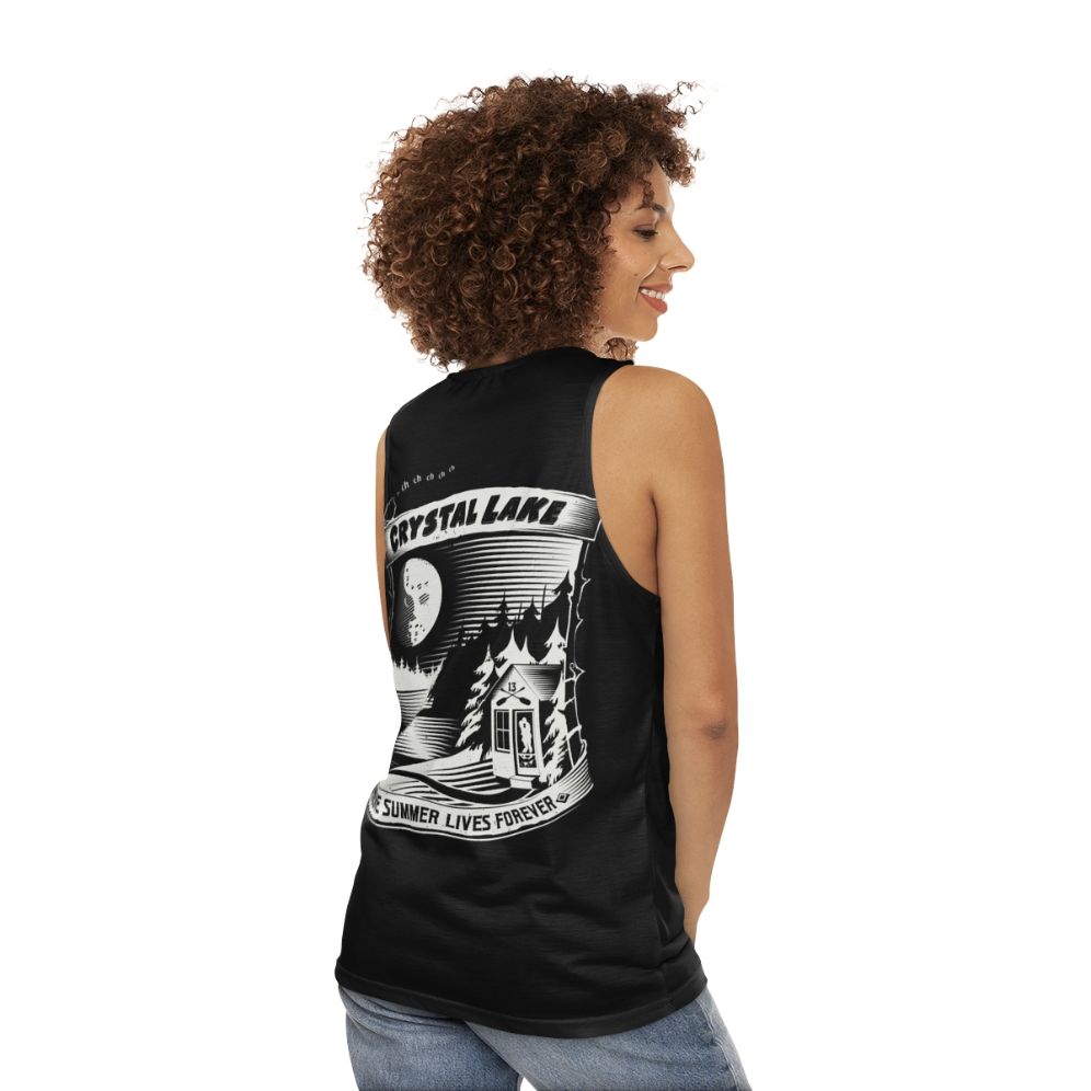 Horror movie inspired unisex tank top with "Camp Crystal Lake Where Summer Lives Forever" design - women back