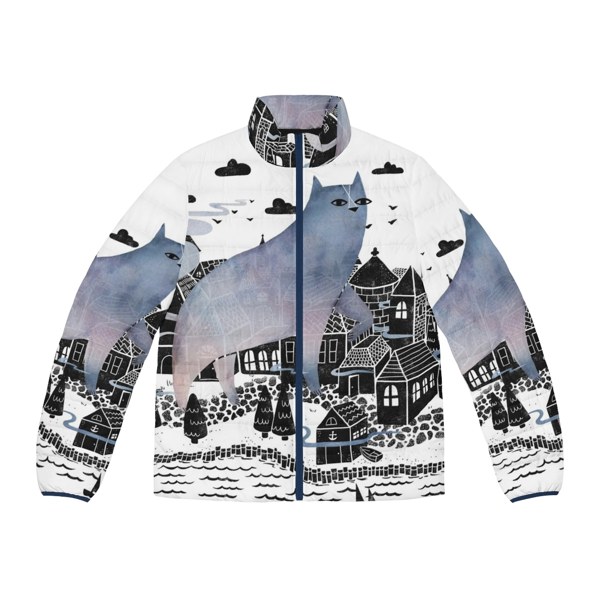 A cozy puffer jacket in a foggy, watercolor-inspired landscape design