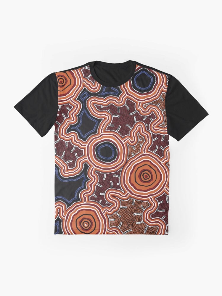 Authentic Aboriginal Art Pathways to Water Graphic T-Shirt featuring traditional indigenous artwork with dots, kangaroos, emus, and earth tones. - Flat lay