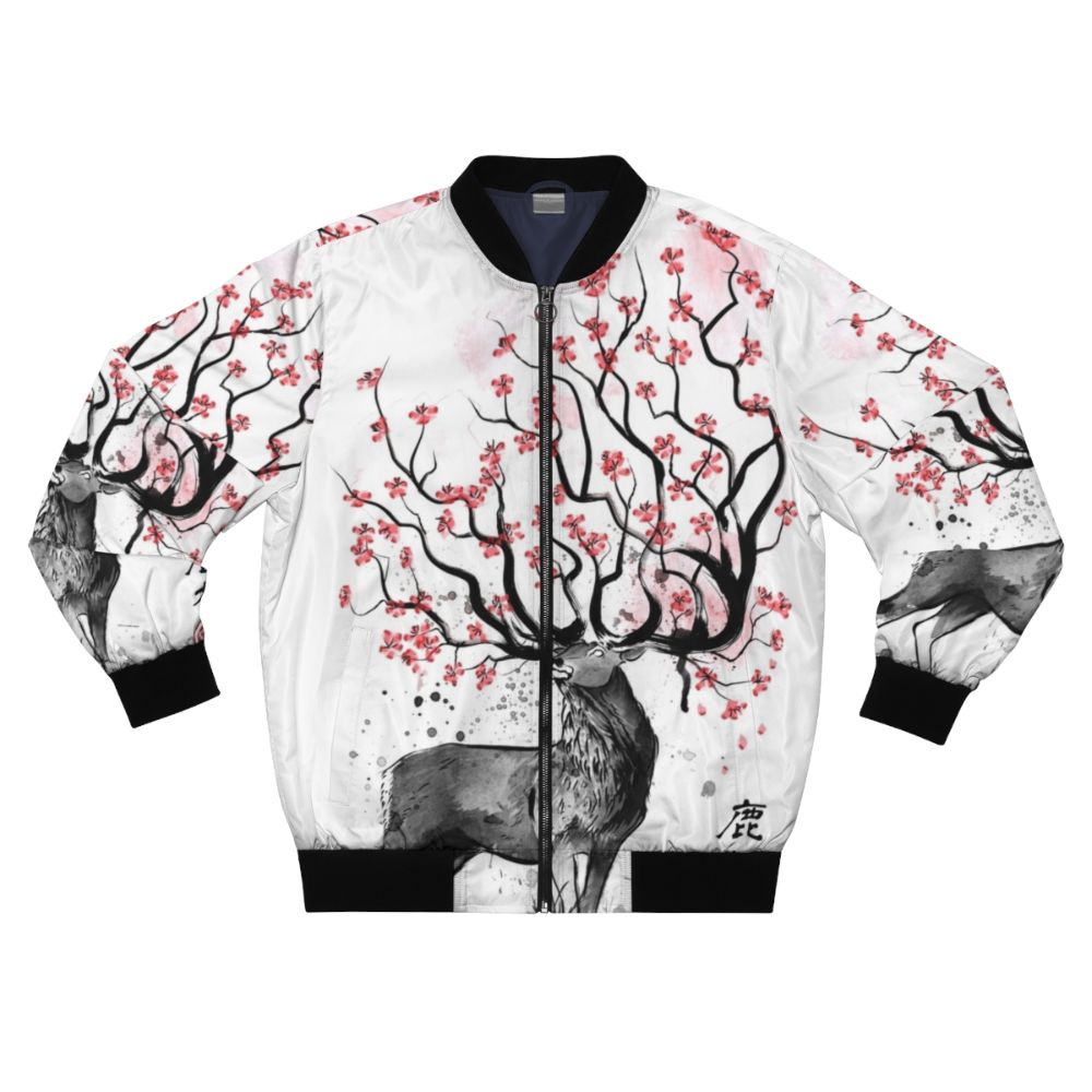 Sakura Deer Bomber Jacket, featuring a nature-inspired watercolor design of a deer amidst sakura blossoms