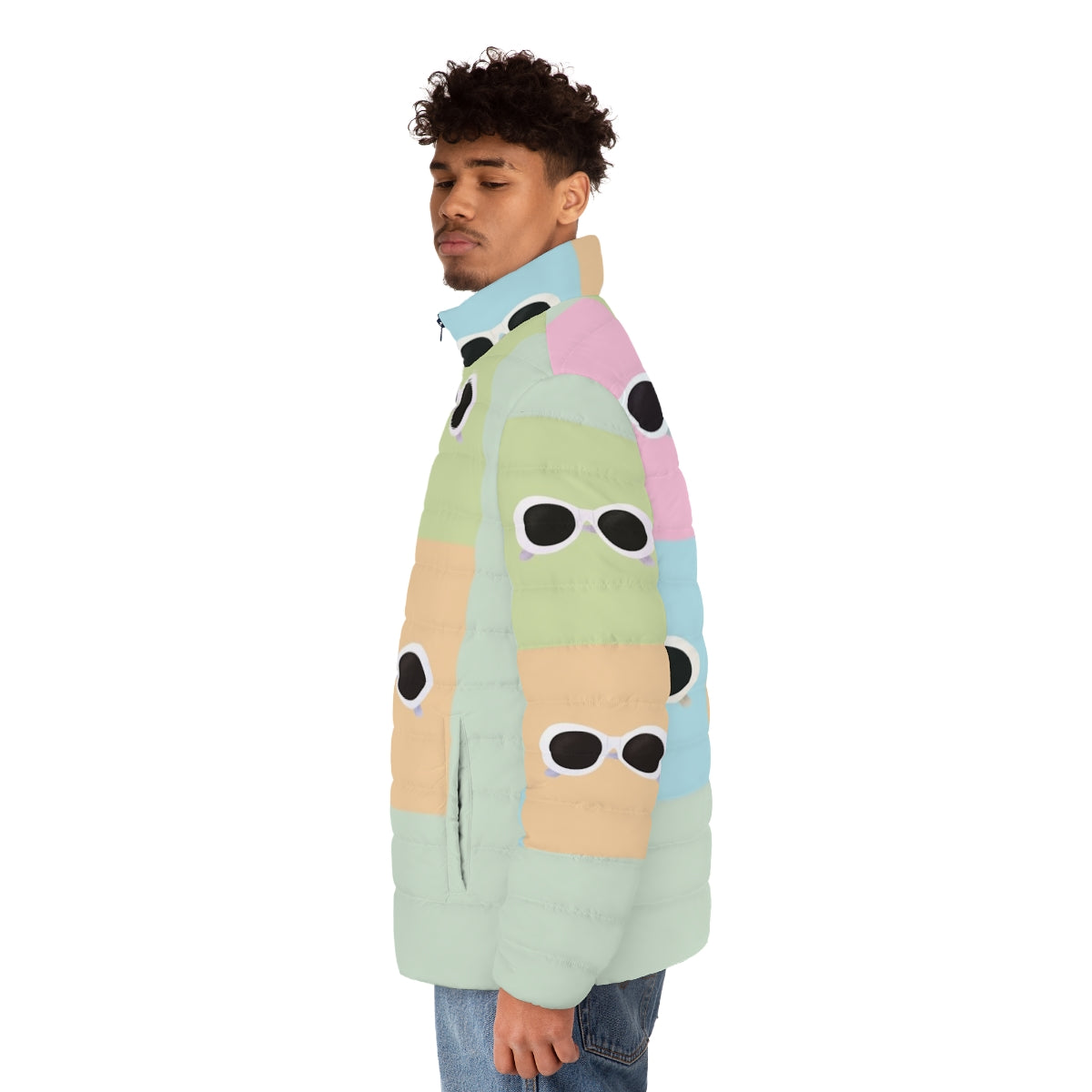 David Rose inspired pop art puffer jacket featuring pastel rainbow colors and Schitt's Creek graphics - men side left