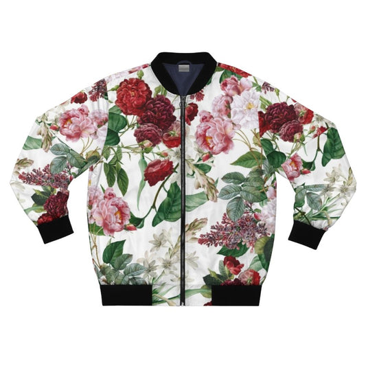 Floral and botanical pattern bomber jacket with vintage, retro design