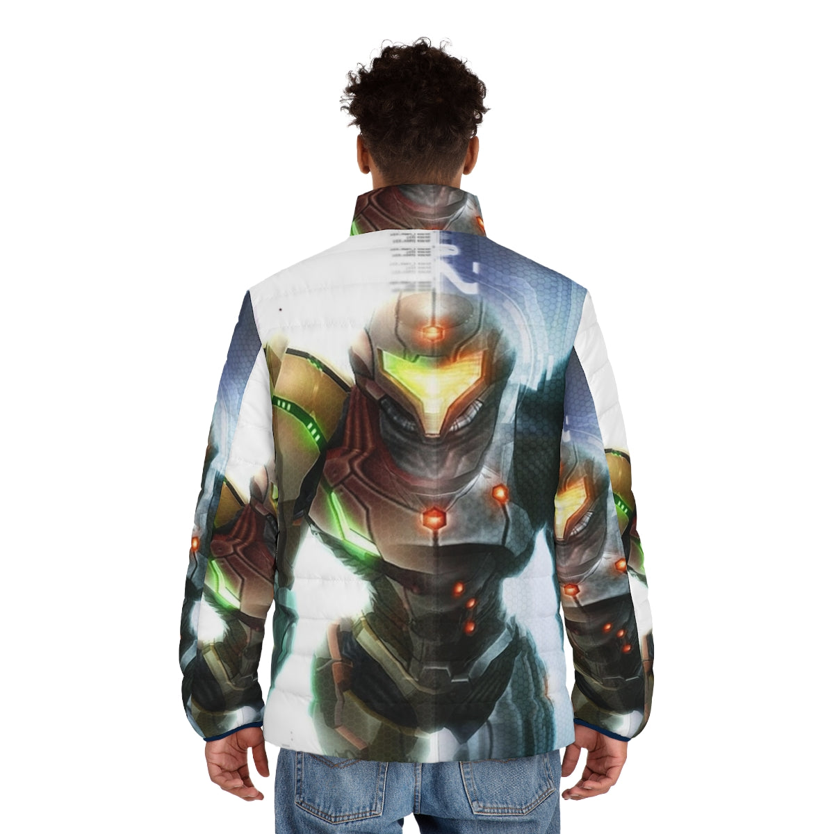 Metroid-themed puffer jacket with futuristic sci-fi design - men back