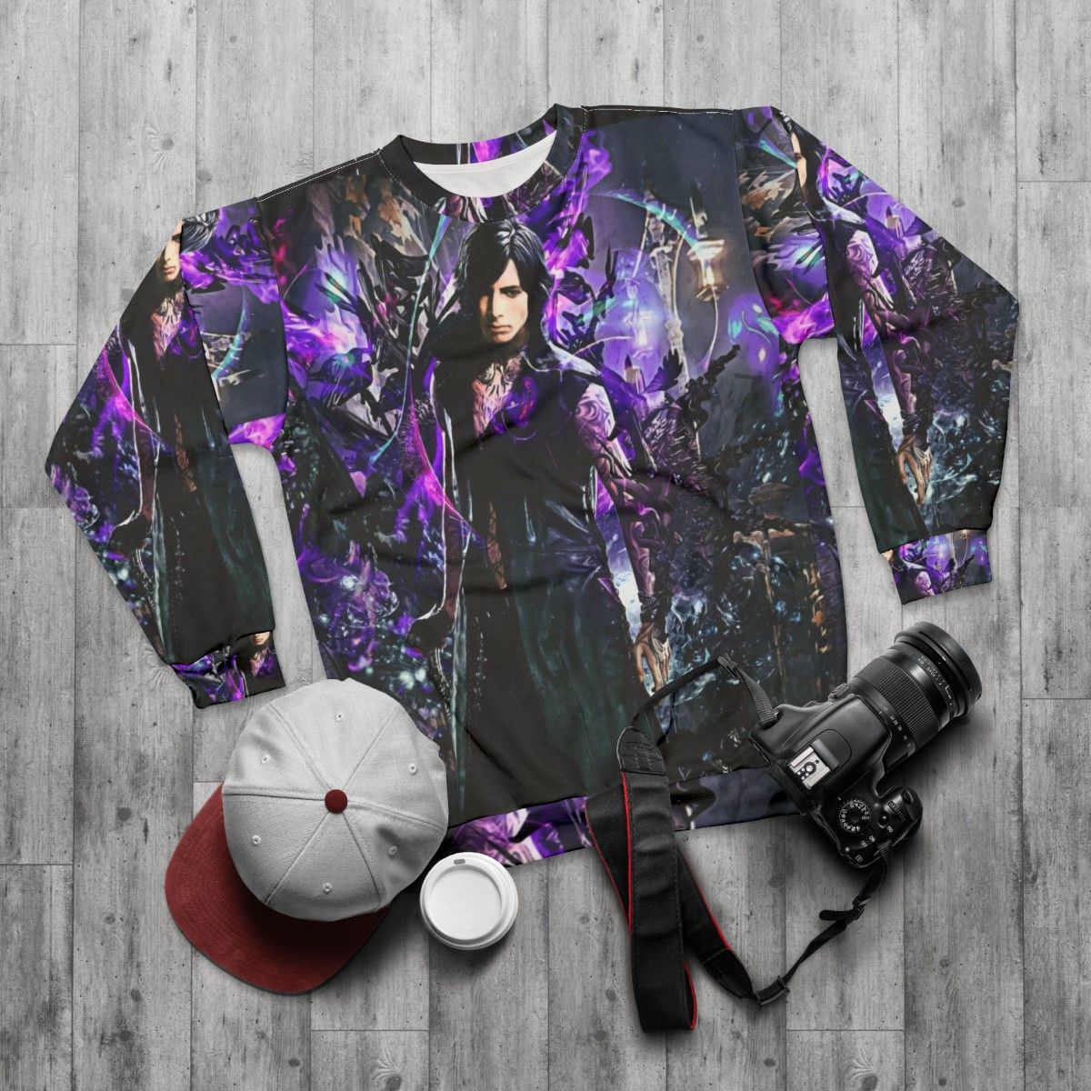 Devil May Cry 5 V Sweatshirt featuring Dante, Nero, and Vergil - flat lay